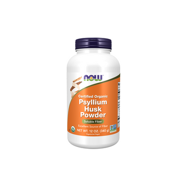 A white bottle with an orange and white design and purple cap contains Now Foods Organic Psyllium Husk Powder 12 oz (340g), a supplement that supports digestive health.